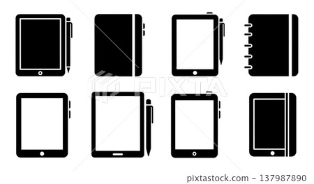 Black Solid e-Ink Tablet Silhouettes Set of Six on White Background Black Solid e-Ink Tablet Silhouettes Set of Six on White Background 137987890