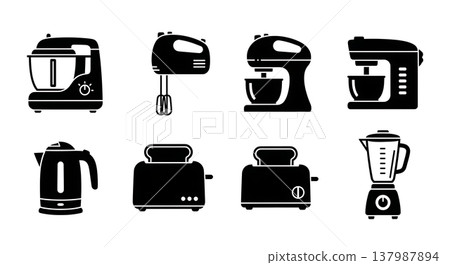 Black Solid Kitchen Electrical Food Prep Appliances Silhouettes Set of Six on White Background Black Solid Kitchen Electrical Food Prep Appliances Silhouettes Set of Six on White Background 137987894