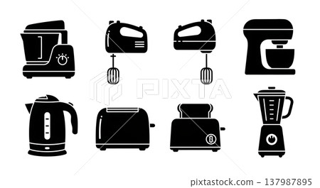 Black Solid Kitchen Electrical Food Prep Appliances Silhouettes Set of Six on White Background Black Solid Kitchen Electrical Food Prep Appliances Silhouettes Set of Six on White Background 137987895