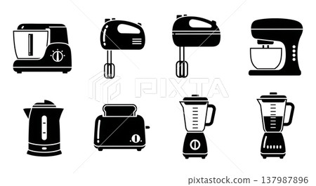Black Solid Kitchen Electrical Food Prep Appliances Silhouettes Set of Six on White Background Black Solid Kitchen Electrical Food Prep Appliances Silhouettes Set of Six on White Background 137987896