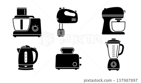 Black Solid Kitchen Electrical Food Prep Appliances Silhouettes Set of Six on White Background 137987897
