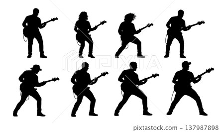 Black Solid Bassist Silhouettes Set of Six on White Background 137987898