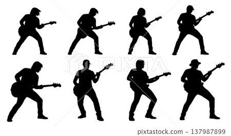 Black Solid Bassist Silhouettes Set of Six on White Background Black Solid Bassist Silhouettes Set of Six on White Background 137987899