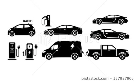 Black Solid Modern Electric Cars and Charging Stations Silhouettes Set of Six on White Background Black Solid Modern Electric Cars and Charging Stations Silhouettes Set of Six on White Background 137987903