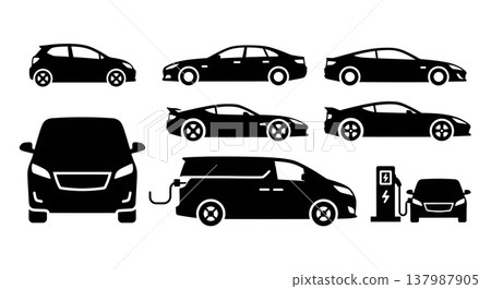 Black Solid Modern Electric Cars and Charging Stations Silhouettes Set of Six on White Background Black Solid Modern Electric Cars and Charging Stations Silhouettes Set of Six on White Background 137987905