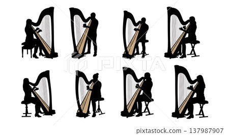 Black Solid Electric Harpist Silhouettes Set of Six on White Background Black Solid Electric Harpist Silhouettes Set of Six on White Background 137987907