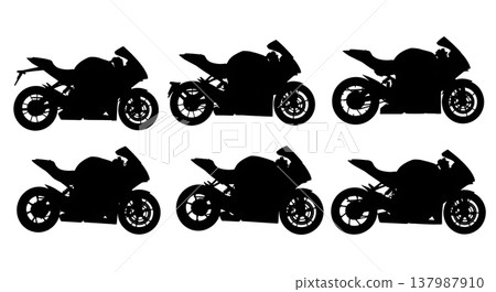 Black Solid Modern Electric Motorcycles and Superbikes Silhouettes Set of Six on White Background Black Solid Modern Electric Motorcycles and Superbikes Silhouettes Set of Six on White Background 137987910