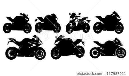Black Solid Modern Electric Motorcycles and Superbikes Silhouettes Set of Six on White Background Black Solid Modern Electric Motorcycles and Superbikes Silhouettes Set of Six on White Background 137987911