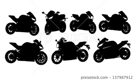 Black Solid Modern Electric Motorcycles and Superbikes Silhouettes Set of Six on White Background 137987912