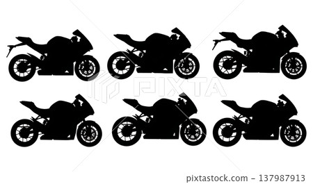 Black Solid Modern Electric Motorcycles and Superbikes Silhouettes Set of Six on White Background 137987913