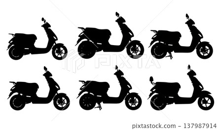Black Solid Modern Electric Scooters and Mopeds Silhouettes Set of Six on White Background 137987914