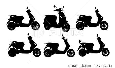 Black Solid Modern Electric Scooters and Mopeds Silhouettes Set of Six on White Background 137987915