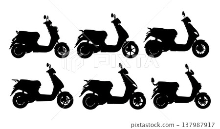 Black Solid Modern Electric Scooters and Mopeds Silhouettes Set of Six on White Background 137987917