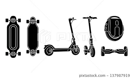 Black Solid Modern Electric Skateboards and Personal Transporters Silhouettes Set of Six on White Background 137987919