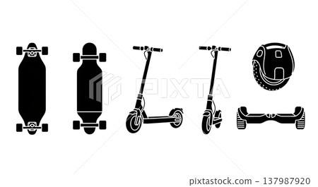 Black Solid Modern Electric Skateboards and Personal Transporters Silhouettes Set of Six on White Background 137987920