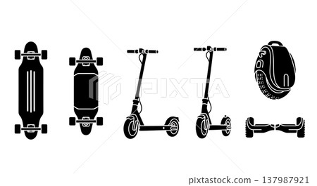 Black Solid Modern Electric Skateboards and Personal Transporters Silhouettes Set of Six on White Background Black Solid Modern Electric Skateboards and Personal Transporters Silhouettes Set of Six on White Background 137987921