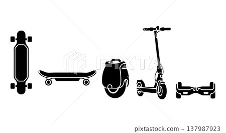 Black Solid Modern Electric Skateboards and Personal Transporters Silhouettes Set of Six on White Background Black Solid Modern Electric Skateboards and Personal Transporters Silhouettes Set of Six on White Background 137987923