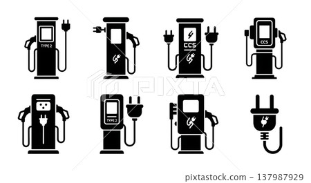 Black Solid EV Charging Station Silhouettes Set of Six on White Background 137987929