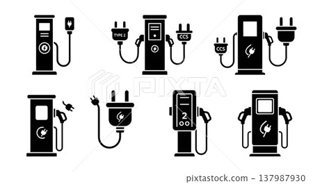Black Solid EV Charging Station Silhouettes Set of Six on White Background 137987930
