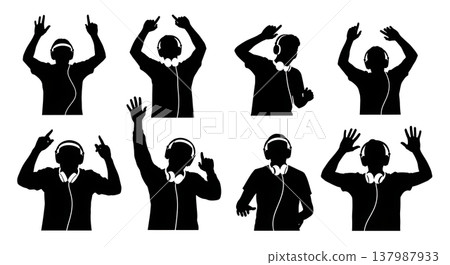Black Solid Party DJ Silhouettes Set of Six on White Background 137987933