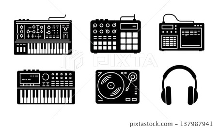 Black Solid Electronic Music Instruments Silhouettes Set of Six on White Background Black Solid Electronic Music Instruments Silhouettes Set of Six on White Background 137987941