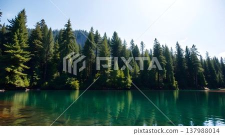 Pristine alpine lake with emerald green water and pine forest reflection 137988014