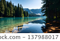 Pristine alpine lake with emerald green water and pine forest reflection 137988017
