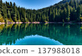 Pristine alpine lake with emerald green water and pine forest reflection 137988018
