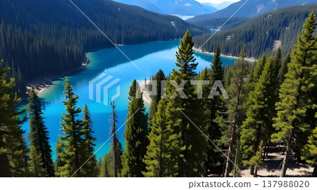 Pristine alpine lake with emerald green water and pine forest reflection Pristine alpine lake with emerald green water and pine forest reflection 137988020