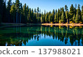 Pristine alpine lake with emerald green water and pine forest reflection 137988021