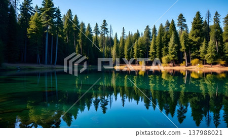 Pristine alpine lake with emerald green water and pine forest reflection Pristine alpine lake with emerald green water and pine forest reflection 137988021