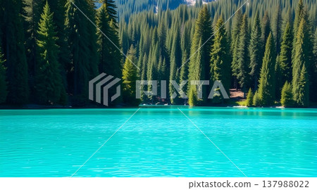 Pristine alpine lake with emerald green water and pine forest reflection 137988022