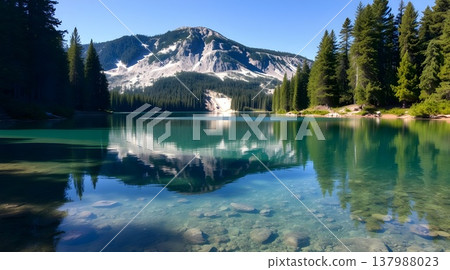 Pristine alpine lake with emerald green water and pine forest reflection 137988023