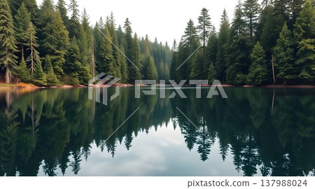Pristine alpine lake with emerald green water and pine forest reflection Pristine alpine lake with emerald green water and pine forest reflection 137988024