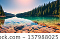 Pristine alpine lake with emerald green water and pine forest reflection 137988025