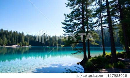 Pristine alpine lake with emerald green water and pine forest reflection Pristine alpine lake with emerald green water and pine forest reflection 137988026