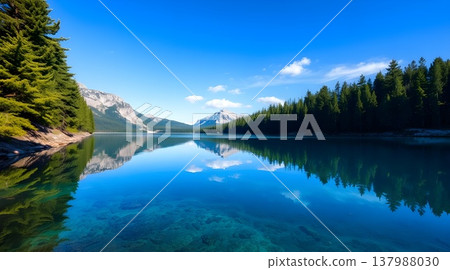 Pristine alpine lake with emerald green water and pine forest reflection Pristine alpine lake with emerald green water and pine forest reflection 137988030