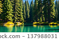 Pristine alpine lake with emerald green water and pine forest reflection 137988031