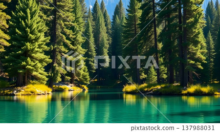 Pristine alpine lake with emerald green water and pine forest reflection Pristine alpine lake with emerald green water and pine forest reflection 137988031