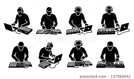 Black Solid Music Producer Silhouettes Set of Six on White Background Black Solid Music Producer Silhouettes Set of Six on White Background 137988042