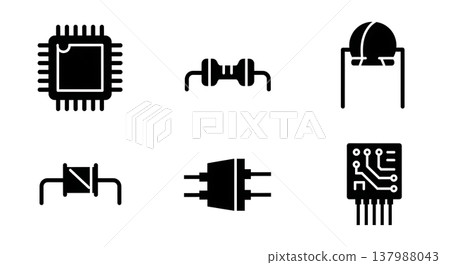 Black Solid Electronics Components Silhouettes Set of Six on White Background 137988043