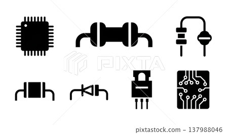 Black Solid Electronics Components Silhouettes Set of Six on White Background Black Solid Electronics Components Silhouettes Set of Six on White Background 137988046