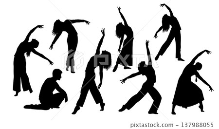 Black Solid Emotive Dancer Silhouettes Set of Six on White Background 137988055