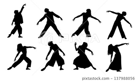 Black Solid Emotive Dancer Silhouettes Set of Six on White Background Black Solid Emotive Dancer Silhouettes Set of Six on White Background 137988056