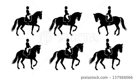 Black Solid Equestrian Dressage Silhouettes Set of Six on White Background 137988066