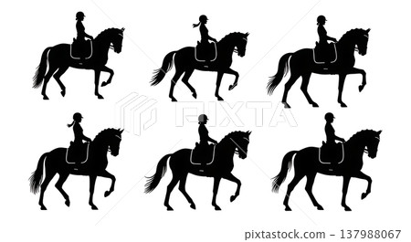 Black Solid Equestrian Dressage Silhouettes Set of Six on White Background Black Solid Equestrian Dressage Silhouettes Set of Six on White Background 137988067