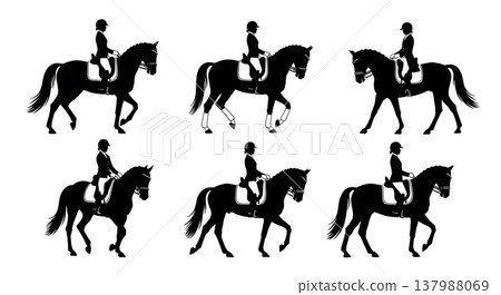 Black Solid Equestrian Dressage Silhouettes Set of Six on White Background Black Solid Equestrian Dressage Silhouettes Set of Six on White Background 137988069