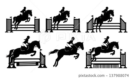 Black Solid Equestrian Showjumping Silhouettes Set of Six on White Background 137988074