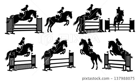 Black Solid Equestrian Showjumping Silhouettes Set of Six on White Background Black Solid Equestrian Showjumping Silhouettes Set of Six on White Background 137988075