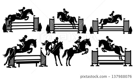 Black Solid Equestrian Showjumping Silhouettes Set of Six on White Background 137988076
